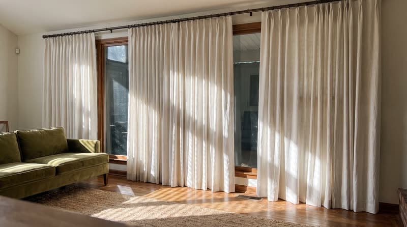 Curtains and drapery on a living room window in a 1970s split-level in Marietta