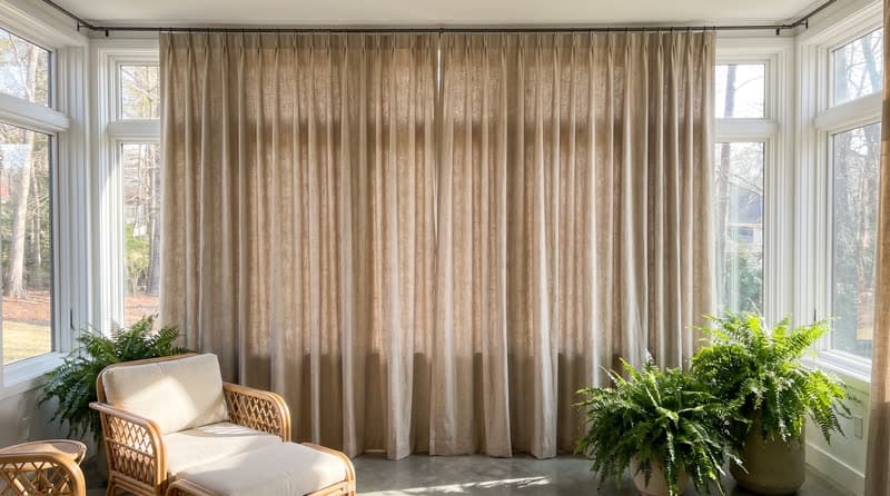 Curtains and drapery on a sunroom window in a luxury modern villa in Duluth