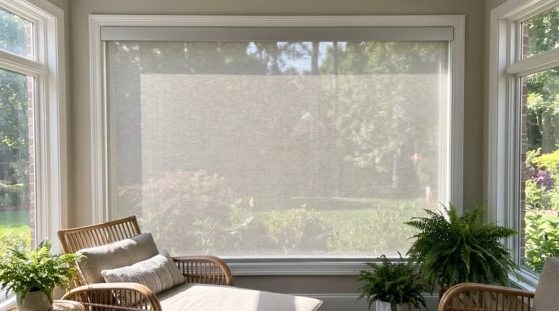 Roller shade on a sunroom window in a luxury modern villa in Duluth