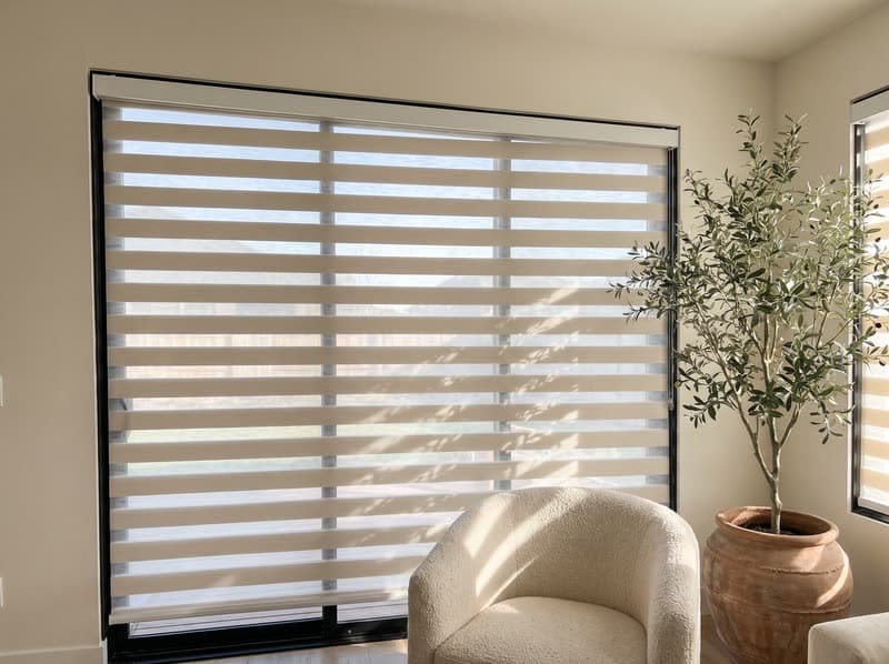 Zebra shade on a living room window in a modern farmhouse in Milton