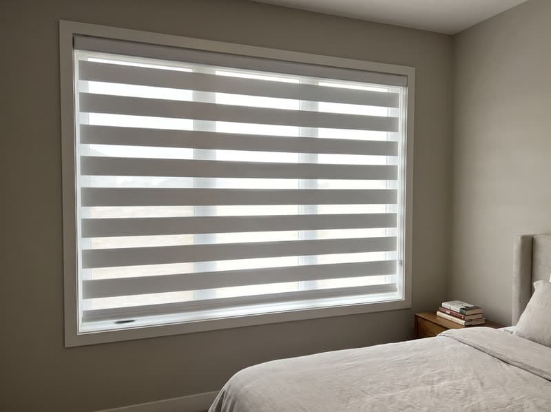 Zebra shade on a primary bedroom window in a new build in a modern subdivision in Cumming
