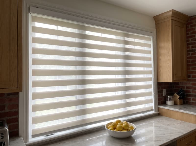 Zebra shade on a kitchen window in a 1990s brick colonial in Alpharetta