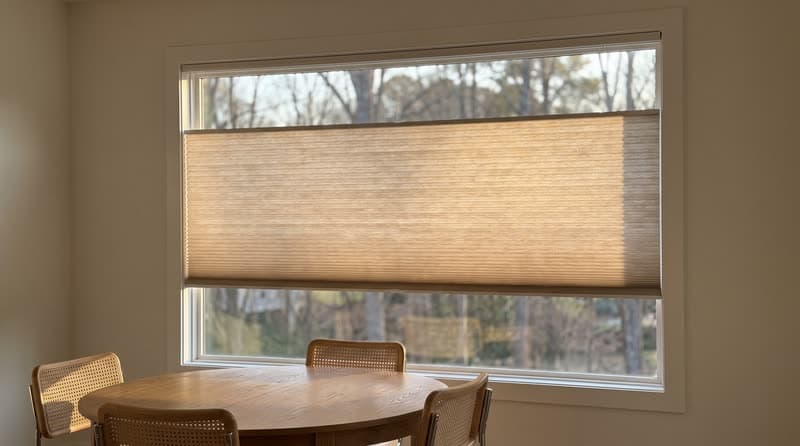 Honeycomb cellular shade on a dining room window in a luxury modern villa in Roswell