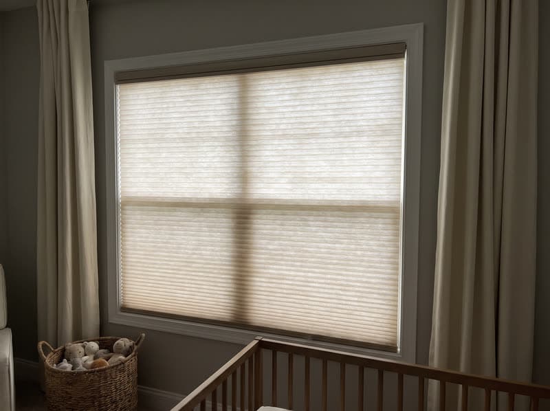 Honeycomb cellular shade on a nursery window in a new build in a modern subdivision in Suwanee