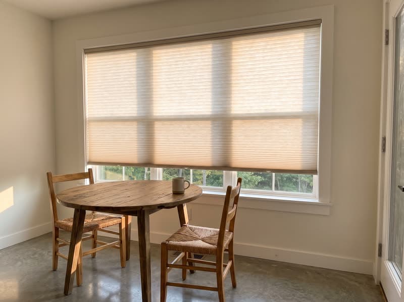 Honeycomb cellular shade on a breakfast nook window in a modern farmhouse in Canton