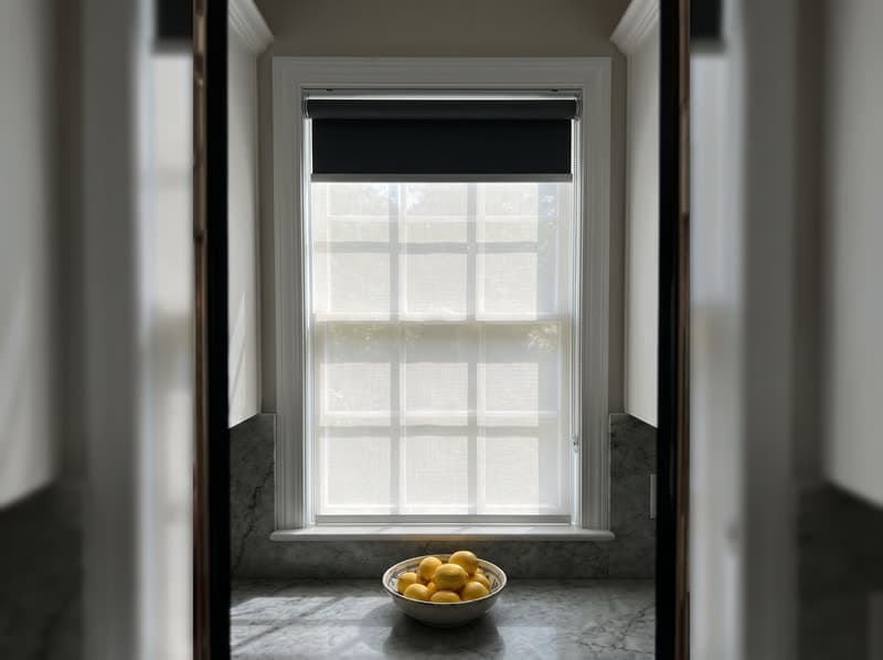 Dual shade on a kitchen window in a 1990s brick colonial in Alpharetta