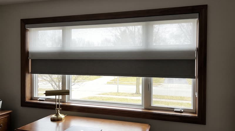 Dual shade on a home office window in a traditional two-storey house in Johns Creek