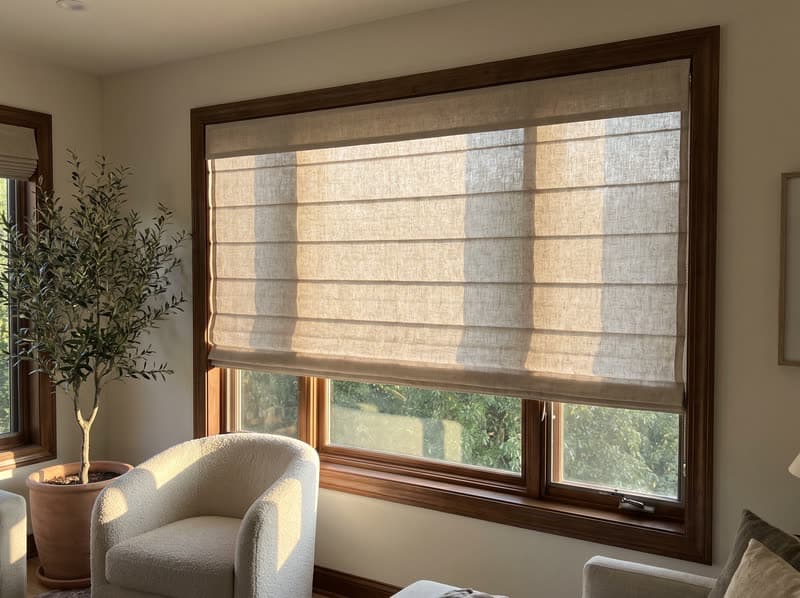 Roman shade on a living room window in a modern farmhouse in Milton
