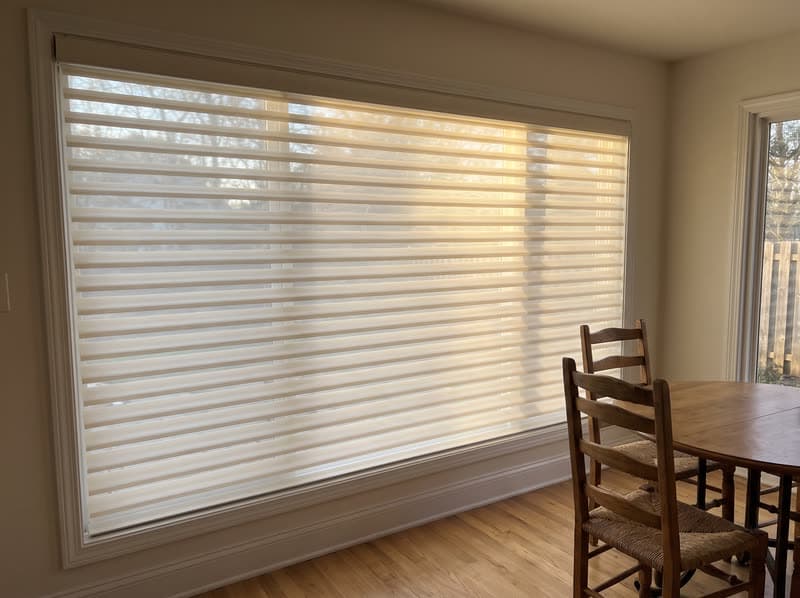 Shangri-La sheer shade on a breakfast nook window in a modern farmhouse in Canton