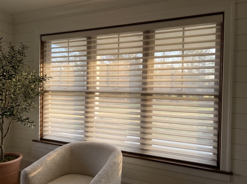 Shangri-La sheer shade on a living room window in a modern farmhouse in Milton