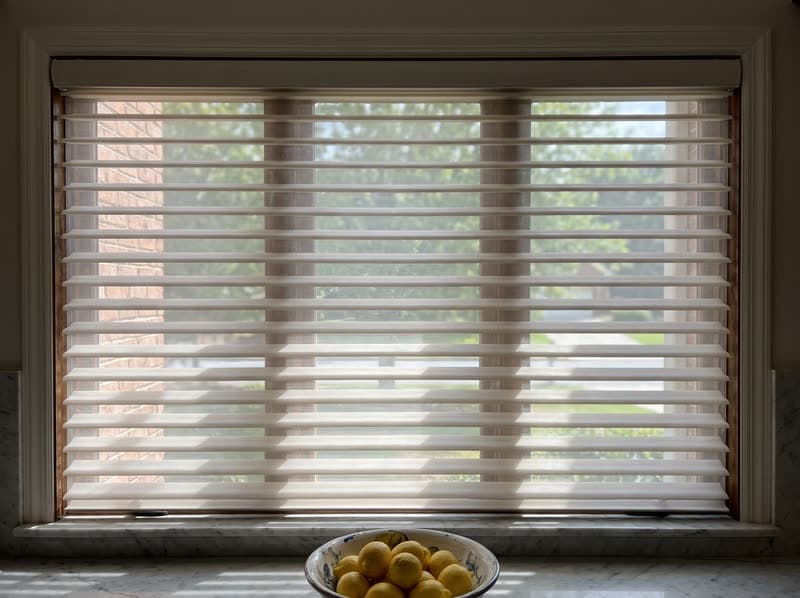 Shangri-La sheer shade on a kitchen window in a 1990s brick colonial in Alpharetta