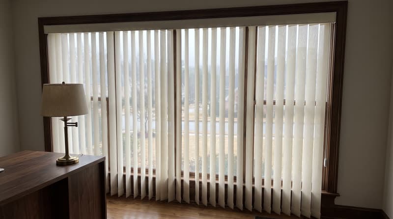 Dream curtain vertical sheer on a home office window in a traditional two-storey house in Johns Creek