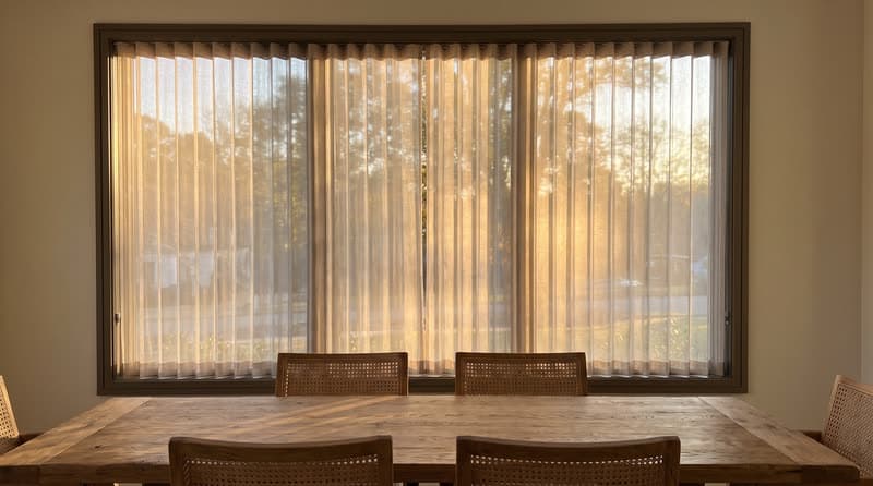Dream curtain vertical sheer on a dining room window in a luxury modern villa in Roswell