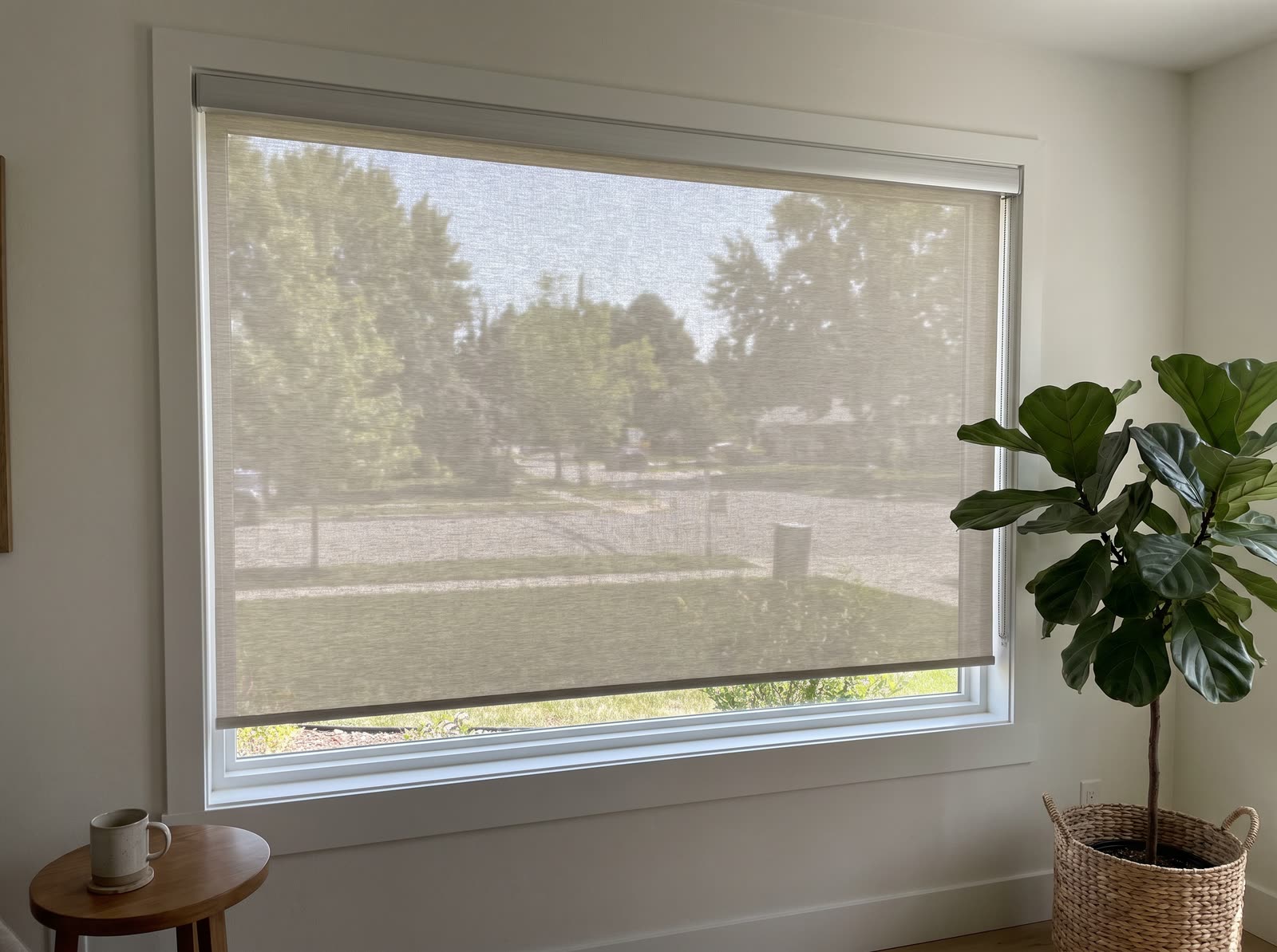 Light-filtering roller shade on a living room picture window in a Milton modern farmhouse